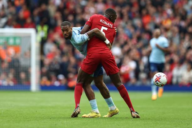 Brentford's English striker Ivan Toney fights for the ball with Liverpool's French defender Ibrahima Konate during the English Premier League...