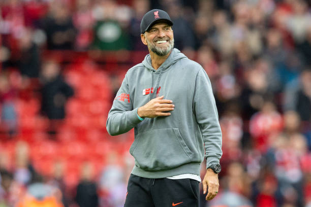 Jurgen Klopp manager of Liverpool gestures during the Premier League match between Liverpool FC and Brentford FC at Anfield on May 6, 2023 in...