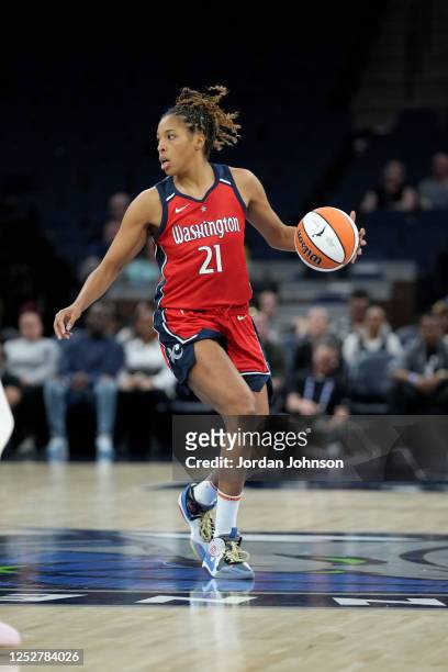Tianna Hawkins of the Washington Mystics handles the ball during the game during the game against the Minnesota Lynx on May 5, 2022 at Target Center...