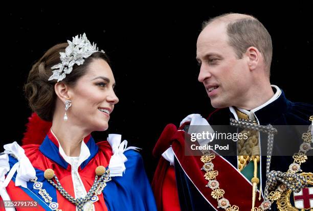 Prince William, Prince of Wales and Catherine, Princess of Wales on the balcony of Buckingham Palace during the Coronation of King Charles III and...