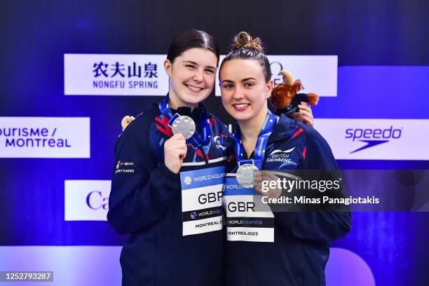 Andrea Spendolini Sirieix and Lois Toulson of Great Britain pose with their silver medals after competing in the Women's Synchronized 10m Platform...