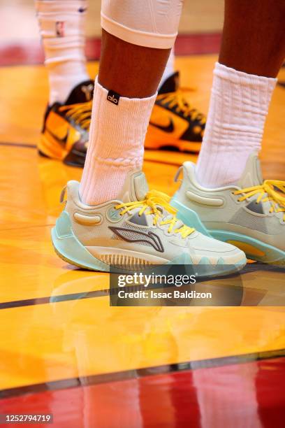 The sneakers worn by Jimmy Butler of the Miami Heat during the game against the New York Knicks during Game Three of the Eastern Conference...