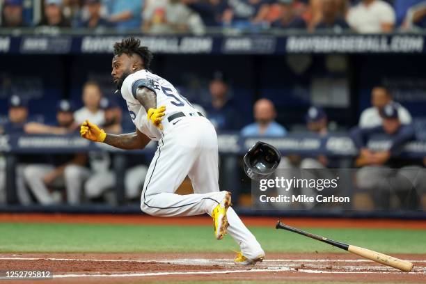 Randy Arozarena of the Tampa Bay Rays follows through on a swing against the New York Yankees during the first inning at Tropicana Field on May 6,...