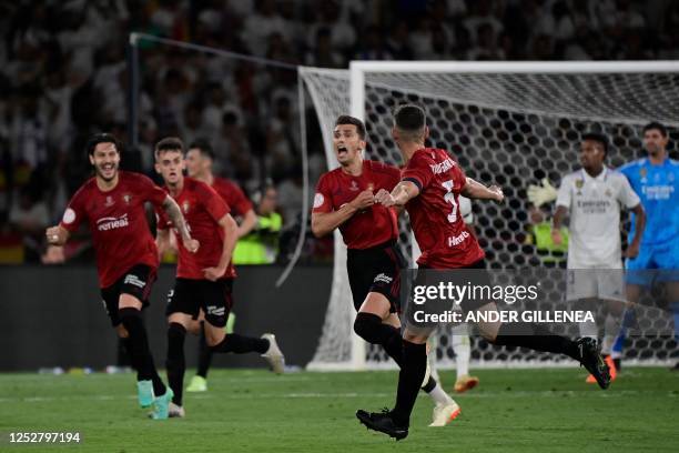 Osasuna's Spanish midfielder Lucas Torro celebrates after scoring his team's first goal during the Spanish Copa del Rey final football match between...