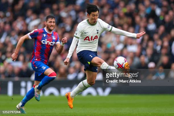 Son Heung-min of Tottenham Hotspur in action with Joel Ward of Crystal Palace during the Premier League match between Tottenham Hotspur and Crystal...