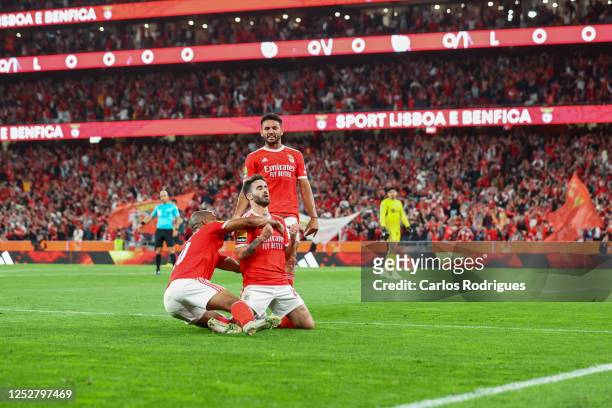 Rafa Silva of SL Benfica celebrates scoring SL Benfica goal with Joao Mario and Goncalo Ramos of SL Benfica during the Liga Portugal Bwin match...