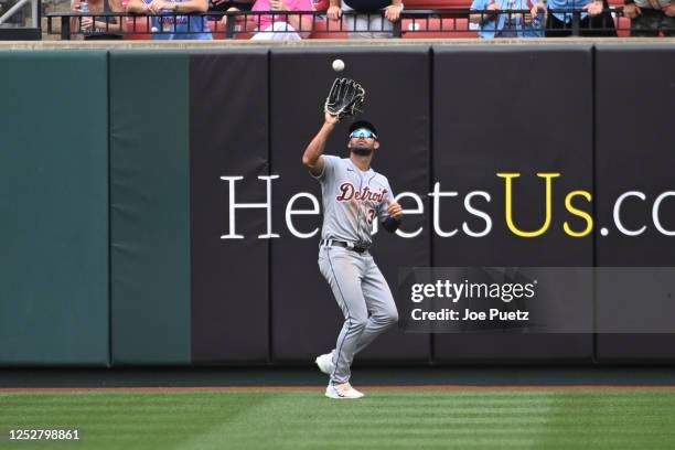 Riley Greene of the Detroit Tigers catches a fly ball hit by the St. Louis Cardinals in the sixth inning of the game at Busch Stadium on May 6, 2023...