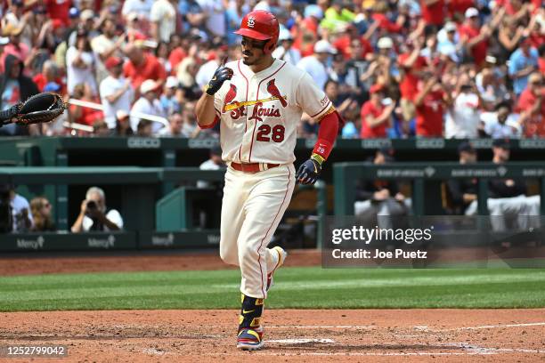 Nolan Arenado of the St. Louis Cardinals reacts after hitting a two-run home run against the Detroit Tigers in the fifth inning of the game at Busch...