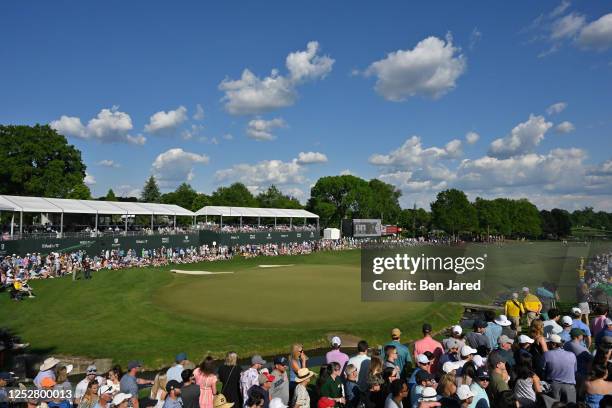 View of the 18th green is seen during the third round of the Wells Fargo Championship at Quail Hollow Club on May 6, 2023 in Charlotte, North...