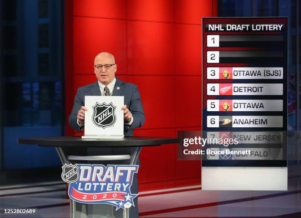 National Hockey League Deputy Commissioner Bill Daly announces draft positions during Phase 1 of the 2020 NHL Draft Lottery on June 26, 2020 at the...