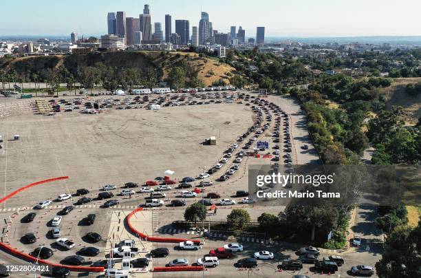 An aerial view of people in cars lined up to be tested for COVID-19 in a parking lot at Dodger Stadium amid the coronavirus pandemic on June 26, 2020...