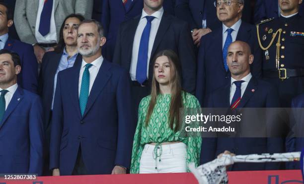 Felipe VI King of Spain , Infanta Sofia of Spain and president of the Royal Spanish Football Federation Luis Rubiales follow the Copa del Rey final...