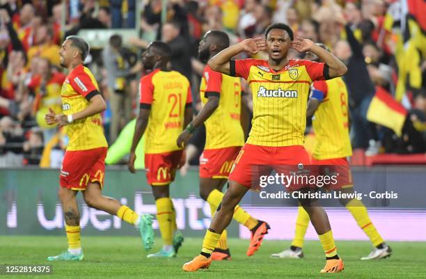 Celebrate Lois Openba of RC Lens in action during the French Ligue 1 soccer match between RC Lens and Olympique Marseille at Stade Bollaert - Deleis...