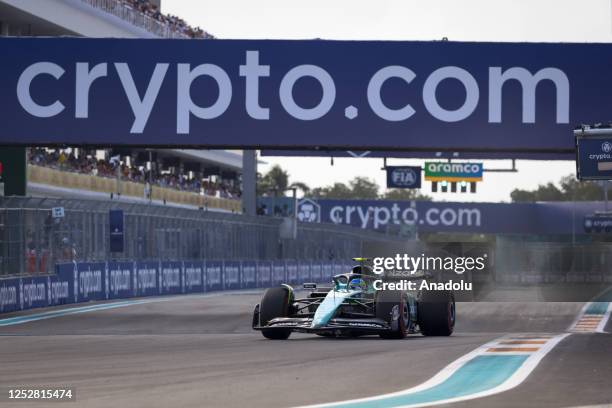 Driver Fernando Alonso of Aston Martin drives during the qualifying session ahead of the F1 Grand Prix of Miami at the Miami International Autodrome...