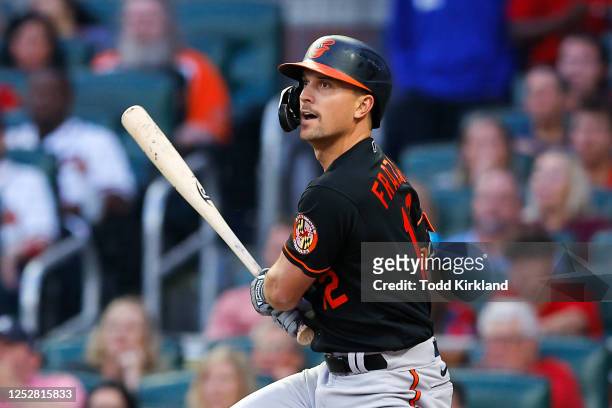 Adam Frazier of the Baltimore Orioles hits a two RBI single during the fourth inning against the Atlanta Braves at Truist Park on May 6, 2023 in...