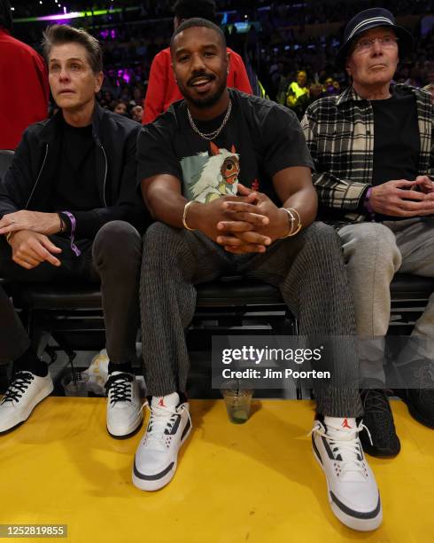 Actor Michael B. Jordan sits court side during Round 2 Game 3 of the Western Conference Semi-Finals 2023 NBA Playoffs between the Golden State...