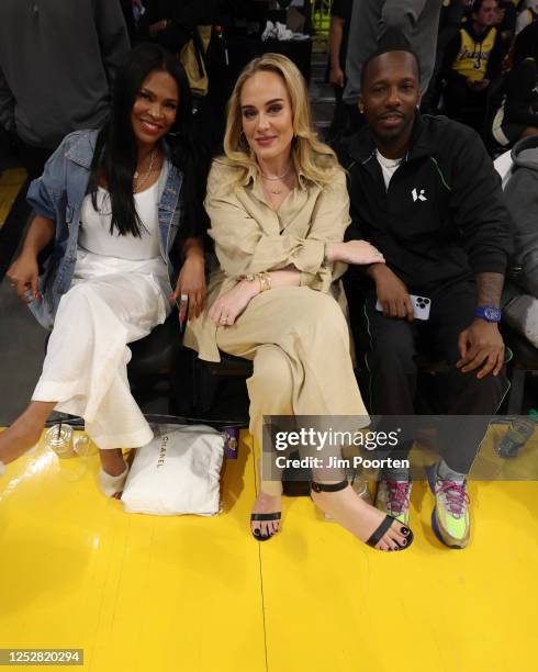 Actress, Nia Long, Grammy Winner Adele and Agent Rich Paul sits court side during Round 2 Game 3 of the Western Conference Semi-Finals 2023 NBA...