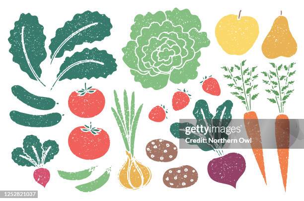 grunge farm produce set with grain texture - fruits and vegetables isolated stock illustrations