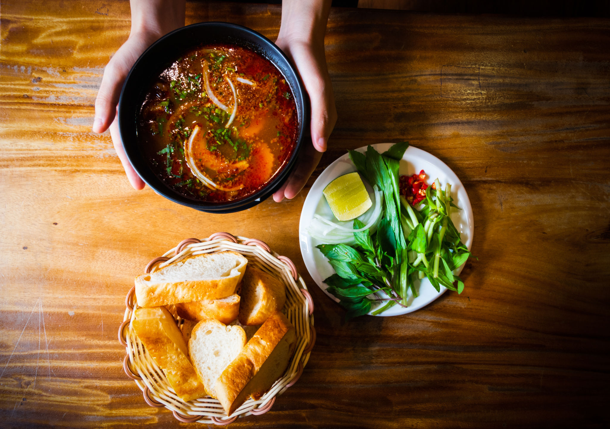 Top view of Cambodian cuisine, stewed beef with baguette. Top view of Cambodian cuisine, stewed beef with baguette.