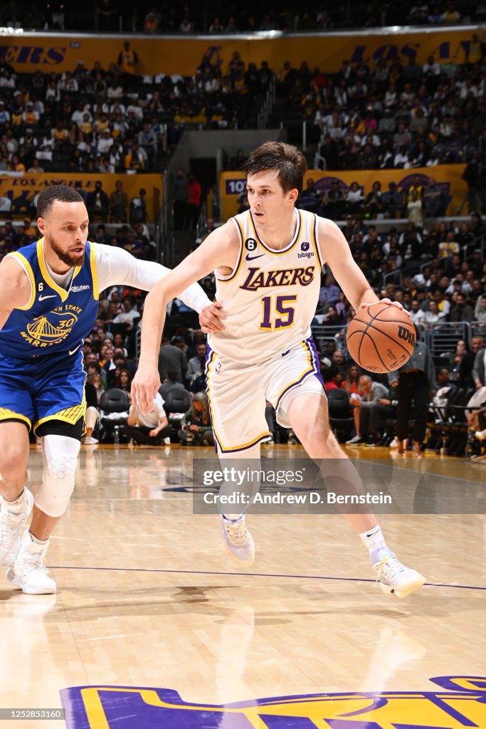 Austin Reaves of the Los Angeles Lakers dribbles the ball during ...
