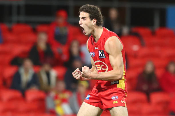 Ben King of the Suns celebrates a goal during the round 4 AFL match between the Gold Coast Suns and Fremantle Dockers at Metricon Stadium on June 27,...