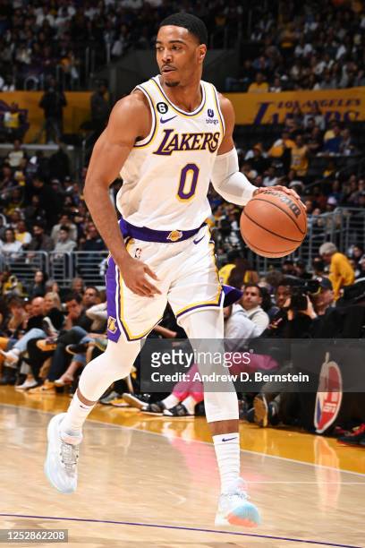 Shaquille Harrison of the Los Angeles Lakers dribbles the ball during Round 2 Game 3 of the Western Conference Semi-Finals 2023 NBA Playoffs against...
