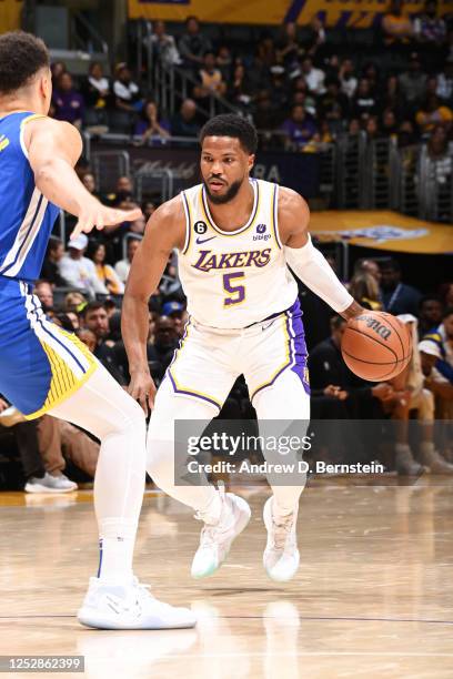 Malik Beasley of the Los Angeles Lakers dribbles the ball during Round 2 Game 3 of the Western Conference Semi-Finals 2023 NBA Playoffs against the...