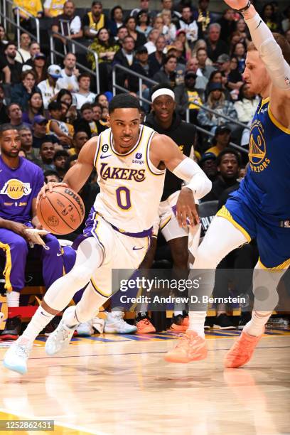 Shaquille Harrison of the Los Angeles Lakers dribbles the ball during Round 2 Game 3 of the Western Conference Semi-Finals 2023 NBA Playoffs against...