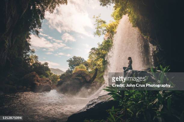 queensland rainforest waterfall girl - cave stock pictures, royalty-free photos & images
