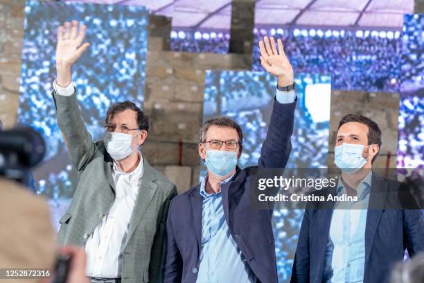 Former Prime Minister Mariano Rajoy, President of the Xunta of Galicia, Alberto Núñez-Feijóo and President of the PP Pablo Casado attend a campaign...
