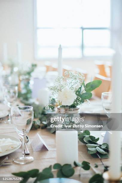 scandinavian style wedding decorated tables - rural scene wedding stock pictures, royalty-free photos & images