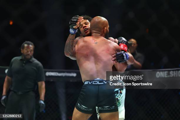 Demetrious Johnson and Adriano Moraes wrestle for position at ONE Championship Fight Night 10 on May 5 at the 1st Bank Center in Denver, Colorado.