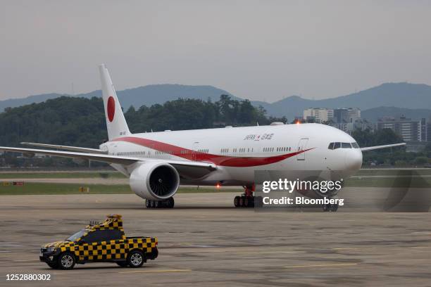 Boeing 777 carrying Fumio Kishida, Japan's prime minister, taxis at Seoul Air Base in Seongnam, South Korea, on Sunday, May 7, 2023. The second...