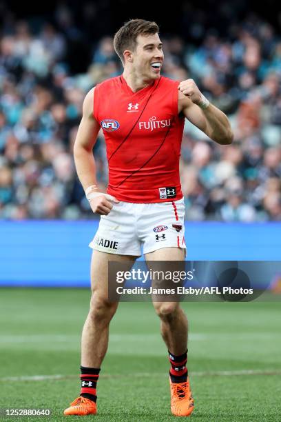 Zach Merrett of the Bombers celebrates a goal during the 2023 AFL Round 08 match between the Port Adelaide Power and the Essendon Bombers at Adelaide...