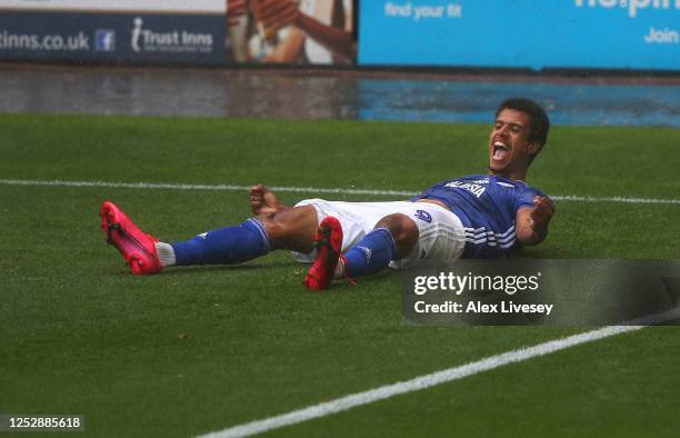 Robert Glatzel of Cardiff City celebrates after scoring their third goal during the Sky Bet Championship match between Preston North End and Cardiff...