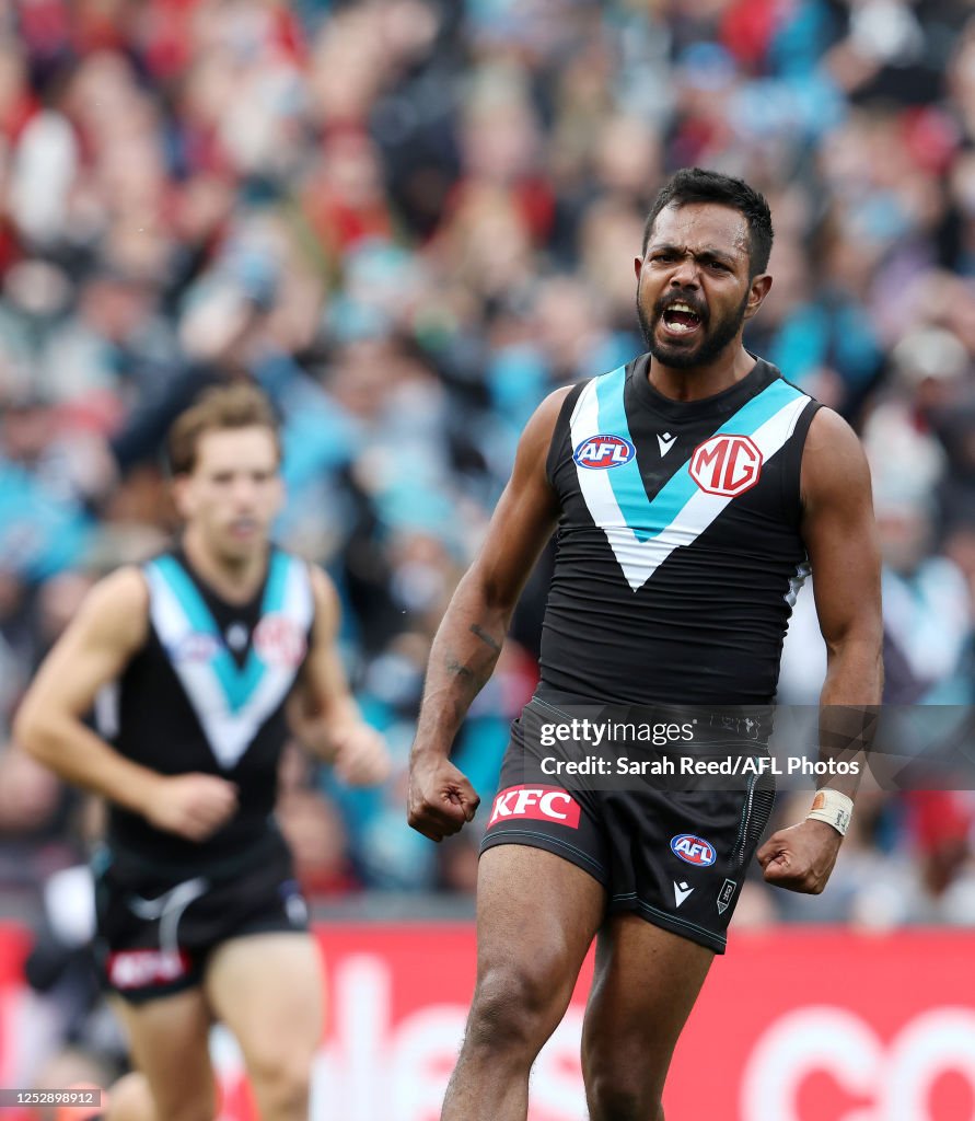 Essendon Rioli Junior Rioli of the Power celebrates a goal during the 2023 AFL Round ...