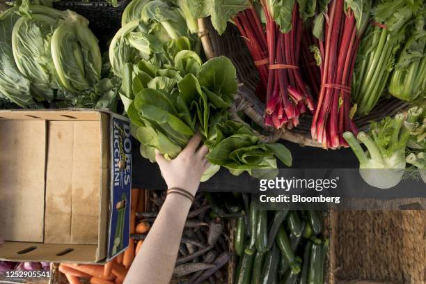 Vendor sets up bok choy at Bondi farmers markets in Sydney, New South Wales, Australia, on Saturday, May 6, 2023. Australia is expected to deliver...