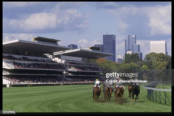 General view as the horses round the final bend during the Arc De Triomphe at Longchamp racecourse in Paris, France. Mandatory Credit: Pascal...