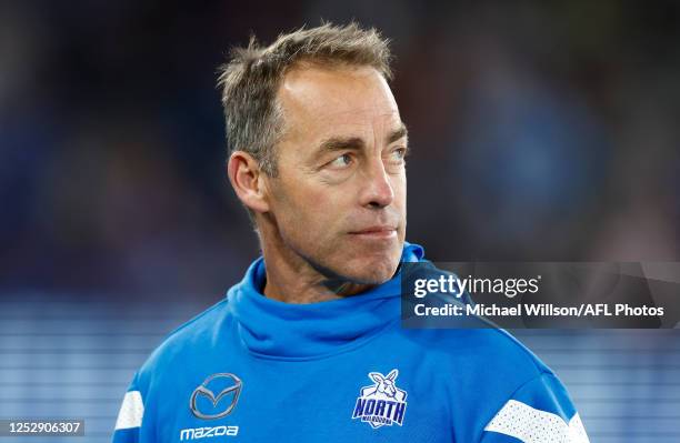 Alastair Clarkson, Senior Coach of the Kangaroos looks on during the 2023 AFL Round 08 match between the North Melbourne Kangaroos and the St Kilda...