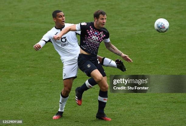 Luton striker James Collins is challenged by Ben Cabango of Swansea during the Sky Bet Championship match between Swansea City and Luton Town at...