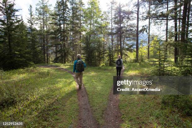 pareja de senderismo madura tomar diferentes caminos en el sendero bifurcado - encrucijada en el camino fotografías e imágenes de stock