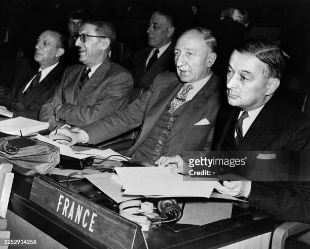 French minister Jules Moch , French Minister of Foreign Affairs Georges Bidault and the delegation from France attend the United Nations Special...