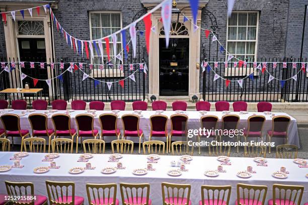 The tables are set up prior to Downing Street hosting a big lunch to celebrate the coronation of King Charles III and Queen Camilla on May 07, 2023...