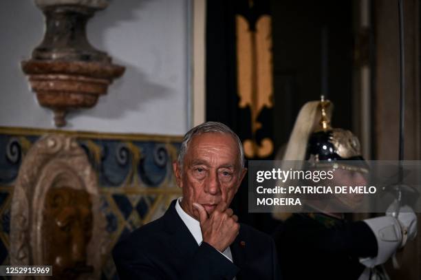 Portuguese President Marcelo Rebelo de Sousa looks on as he is pictured during the visit of Colombian President Gustavo Petro at Belem Palace in...
