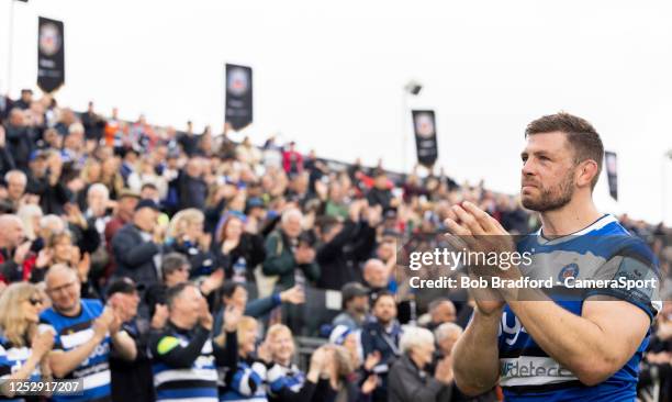Bath Rugby's Dave Attwood applauds the crowd before retiring during the Gallagher Premiership Rugby match between Bath Rugby and Saracens at...