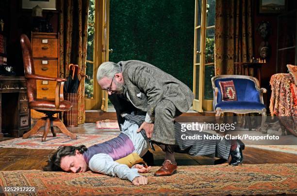 British actors Sir Antony Sher and Will Keen performing as Freud and Dali respectively in a dress rehearsal for a production of the play "Hysteria",...
