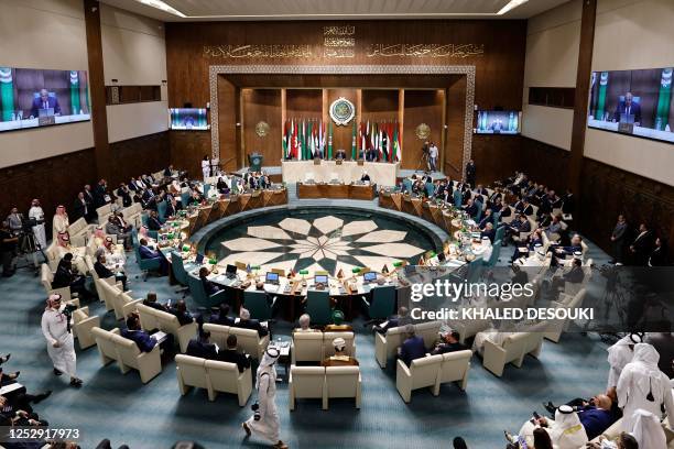 Egyptian Foreign Minister Sameh Shoukry speaks during an emergency meeting of Arab League foreign ministers in Cairo on May 7, 2023.