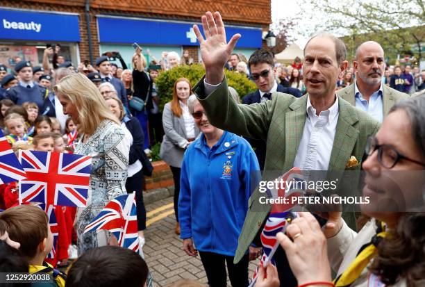 Britain's Prince Edward , Duke of Edinburgh, and Britain's Sophie, Duchess of Edinburgh, arrive to attend a Big Lunch with residents and...