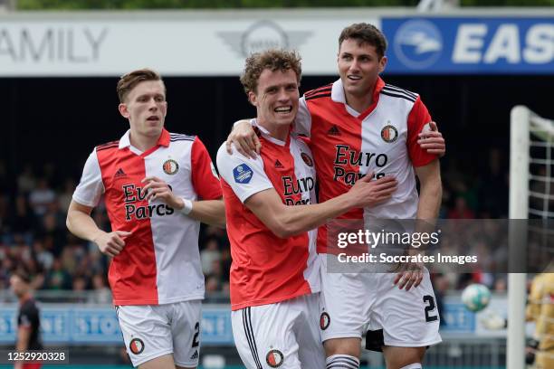 Santiago Gimenez of Feyenoord celebrates 0-1 with Mats Wieffer of Feyenoord, Marcus Pedersen of Feyenoord during the Dutch Eredivisie match between...