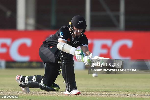 New Zealand's Tom Latham plays a shot during the fifth and final One-Day International cricket match between Pakistan and New Zealand at the National...